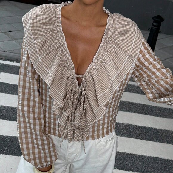 Khaki Casual Women's Ruffled Seersucker Blouse - Picture 6 of 6